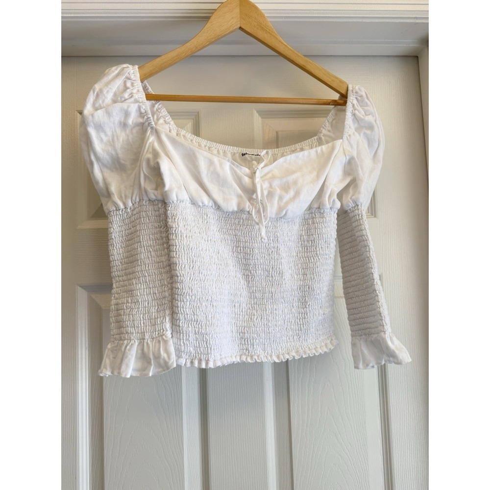 Reformation Smocked Linen Top Womens M White Puff Sleeve Tie Front Crop Blouse